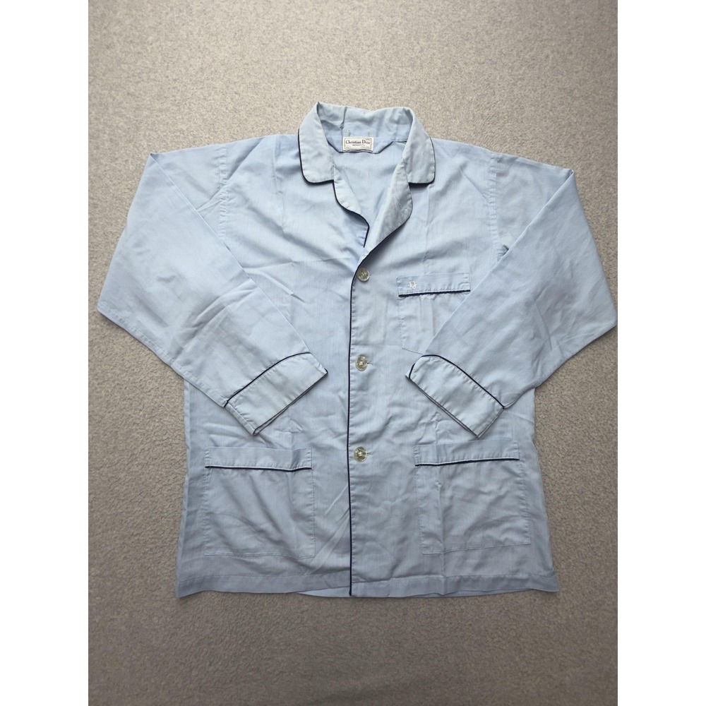 VINTAGE Christian Dior Monsieur Pajama Top Mens Large Blue Embroidered Sleepwear